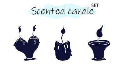 A set of scented candles with a burning fire. Candles for interior, lighting and romantic dates. Aromatherapy. Vector illustration in solid monochrome design on a white background.