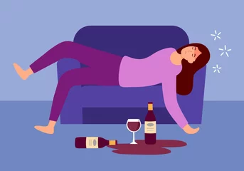 Fotobehang Drunk woman sleeping on sofa with wine glass and alcohol bottle on the floor in flat design. Alcoholic character. Alcohol addiction. © Orapun