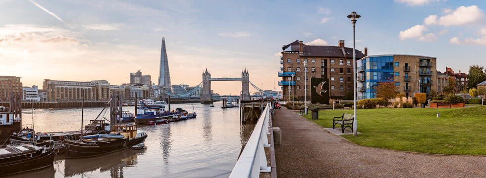 Tower Bridge and the Shard seen from Hermitage Riverside Memorial Garden in Wapping, London, England