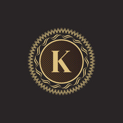 Emblem Letter K Gold Monogram Design. Luxury Volumetric Logo Template. 3D Line Ornament for Business Sign, Badge, Crest, Label, Boutique Brand, Hotel, Restaurant, Heraldic. Vector Illustration