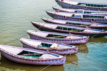 Fototapeta na wymiar Boats on the River Ganges, Varanasi, Uttar Pradesh, India