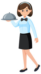 A young waitress serving food white background