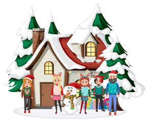 Happy family in Christmas theme with snow house