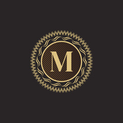 Emblem Letter M Gold Monogram Design. Luxury Volumetric Logo Template. 3D Line Ornament for Business Sign, Badge, Crest, Label, Boutique Brand, Hotel, Restaurant, Heraldic. Vector Illustration