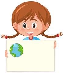 Cute girl holding empty board with earth symbol