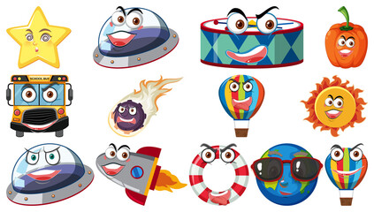 Naklejka premium Set of different toy objects with smiley faces