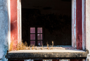 Ruins of Abandoned, derelict old buildings of a Hotel Complex at Agonda, broken, damaged and...