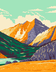 WPA poster art of the Maroon Bells in the Elk Mountains, Maroon Peak and North Maroon Peak in Pitkin County and Gunnison County, Colorado, United States USA done in works project administration style. - 485722496