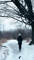 Woman taking a walk through the forest on a cold winters day