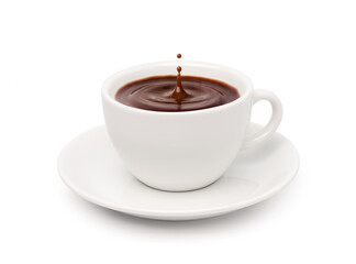 Chocolate drinks drops in white cup isolated on white background.