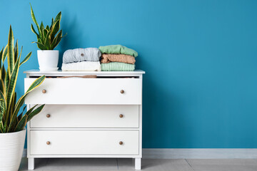 Stacks of sweaters and houseplant on chest of drawers near color wall in room