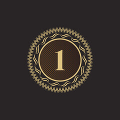 Naklejka premium Emblem Number 1 Gold Monogram Design. Luxury Volumetric Logo Template. 3D Line Ornament for Business Sign, Badge, Crest, Label, Boutique Brand, Hotel, Restaurant, Heraldic. Vector Illustration