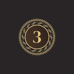 Emblem Number 3 Gold Monogram Design. Luxury Volumetric Logo Template. 3D Line Ornament for Business Sign, Badge, Crest, Label, Boutique Brand, Hotel, Restaurant, Heraldic. Vector Illustration