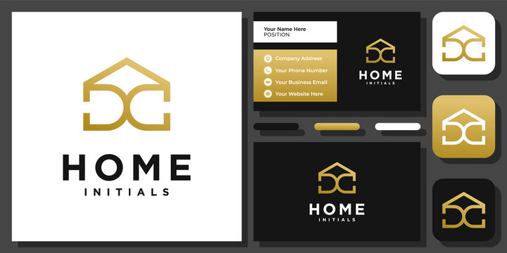 Initials Letter DC Home Gold House Golden Real Estate Building Vector Logo Design with Business Card