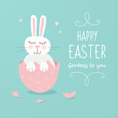 Happy easter card. A white rabbit sits in an egg with closed eyes on a blue background. Vector illustration.