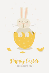 Happy easter card. A gray rabbit sits in a yellow egg with closed eyes on a light background. Vector illustration.