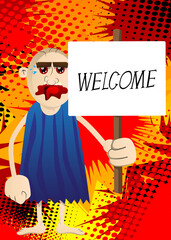 Cartoon prehistoric man holding a banner with welcome text. Vector illustration of a man from the stone age.