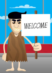 Cartoon prehistoric man holding a banner with welcome text. Vector illustration of a man from the stone age.