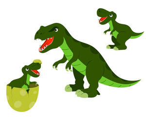 A set of cute cartoon tyrannosaurus dinosaurs, a baby in an egg and an adult dinosaur. vector isolated on a white background.