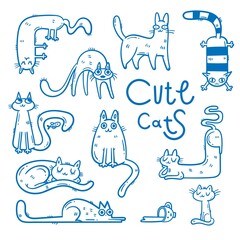 Set with  cute cartoon  cats.  Funny doodle kitten collection. Vector contour image. Playful animal print.