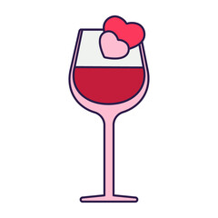 Retro Valentine Day icon wineglass with hearts. Love symbol in the fashionable pop line art style. The cute glass is in soft pink, red, and coral color. Vector illustration isolated on white.