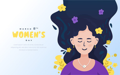 Happy women's day greetings with cute girl character on flat illustration banner