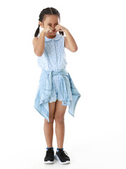 Fototapeta premium Portrait full body studio cutout shot of Asian young happy cheerful pigtail braid hairstyle elementary school girl in blue sleeveless dress standing posing smiling look at camera on white background