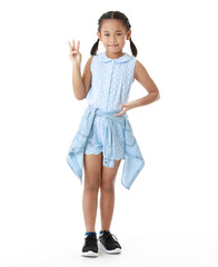 Portrait full body studio cutout shot of Asian young happy cheerful pigtail braid hairstyle elementary school girl in blue sleeveless dress standing posing smiling look at camera on white background