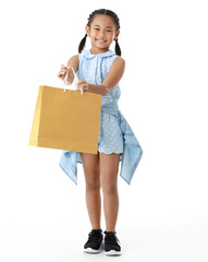 Naklejka premium Portrait full body studio cutout shot Asian young pigtail braid hair shopper girl in blue dress standing smiling holding paper shopping bag look at camera on white background