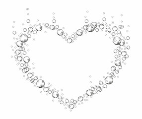 Effervescent bubbles frame in the form of heart. Soap foam isolated on white background. Realistic vector illustration. Valentine and love symbol.