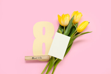 Blank greeting card for International Women's Day, tulips, paper figure 8 and word MARCH on pink background
