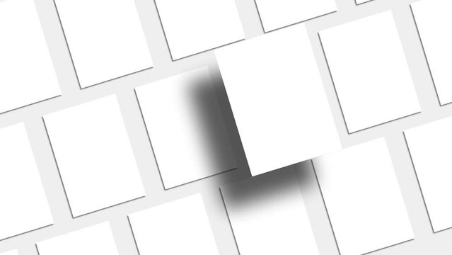 White Diagonal Rectangle mockups lying on neutral Light background (Flat lay Animation). with one different Paper Blank. Branding Identify, Business Cards, Magazine pages.