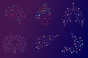 Human internal organs dot low poly banner template. Brain, liver, stomach, heart, lungs, kidneys polygonal illustration. Anatomy scientific poster for schoolbook design layout vector illustration.	