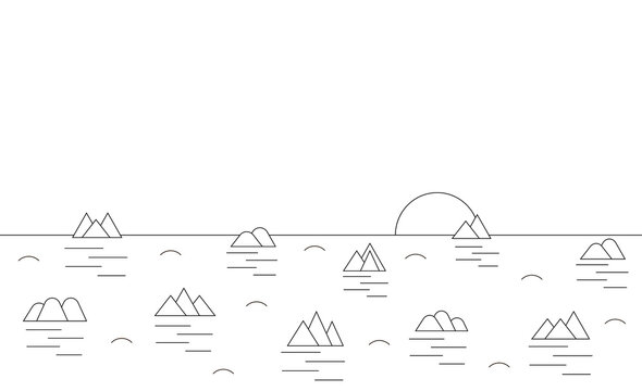 Panoramic view of the desert with the sun on the horizon. Mountains, rocks, pyramids and sand. Sunset and sunrise. Line vector illustration.