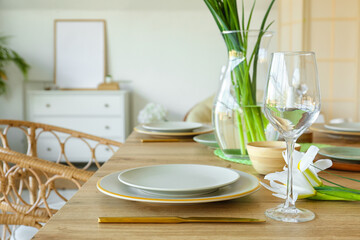 Dining table served for International Women's Day celebration, closeup