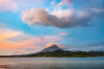 Arenal Volcano and Arenal Lake at sunset, near La Fortuna, Alajuela Province, Costa Rica