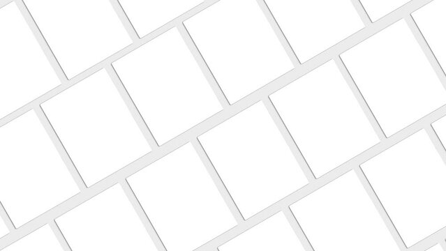 Group of White Diagonal Blanks Mockups lying on neutral Light background (Flat lay Animation) . Paper Blank Mock Up. Branding Identify, Business Cards, Magazine pages. and Social Posts
