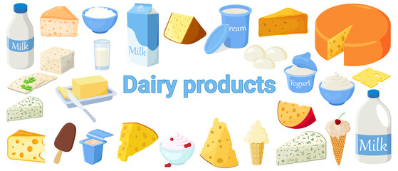 A set of dairy products.Milk, yogurt,sour cream,cottage cheese,butter,ice cream,roquefort,parmesan, edam, tilsiter,camembert, gouda and mozzarella.Dairy products isolated on a white background.