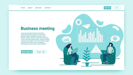 Business meeting.People hold a meeting and develop new projects.An illustration in the style of a green landing page. © NikAndr