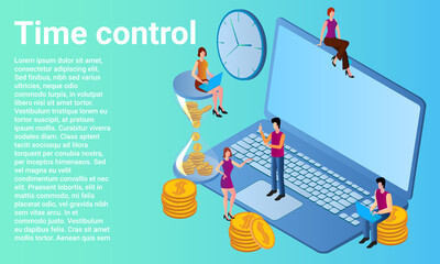 Time control.People on the background of a laptop and a watch are engaged in task planning.A business-style poster.Flat vector illustration.