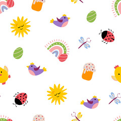 Spring seamless pattern. Birds, chickens, ladybugs, Easter cakes, Easter eggs, rainbow, sun. Design for fabric, textile, wallpaper, packaging.
