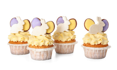 Yummy Easter cupcakes on white background