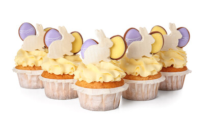 Yummy Easter cupcakes on white background