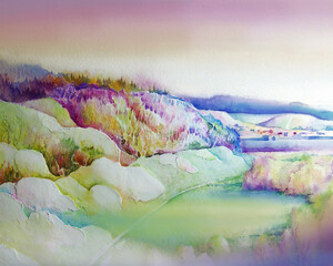 Watercolor landscape, top view. Illustration of nature, endless expanses  with elevation, meadow, trees and villages away. Abstract nature background, jpg.