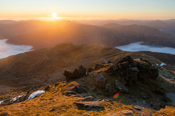 Scottish Highlands mountain landscape at sunset, taken when hiking up Ben Lomond in Trossachs National Park, Scotland, United Kingdom, Europe