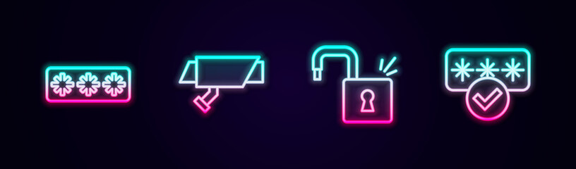 Set line Password protection, Security camera, Open padlock and . Glowing neon icon. Vector