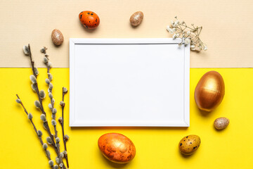 Naklejka na ściany i meble Easter composition with blank photo frame, eggs and flowers on color background