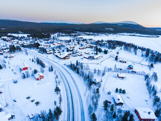 Aerial photo of Akaslompolo town inside the Arctic Circle in Finnish Lapland, Finland drone