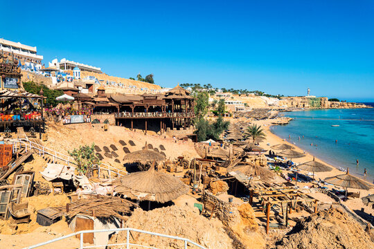 Beautiful top view of popular Farsha cafe on shore of Red Sea in Hadaba district, Sharm El Sheikh, Egypt