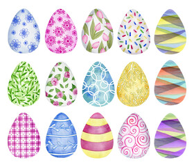 Easter Eggs geometric and floral decorated collection. Watercolor hand drawn clipart set.  Easter desing elements for postcard, print, invitation.  Isolated clipart element on white background.